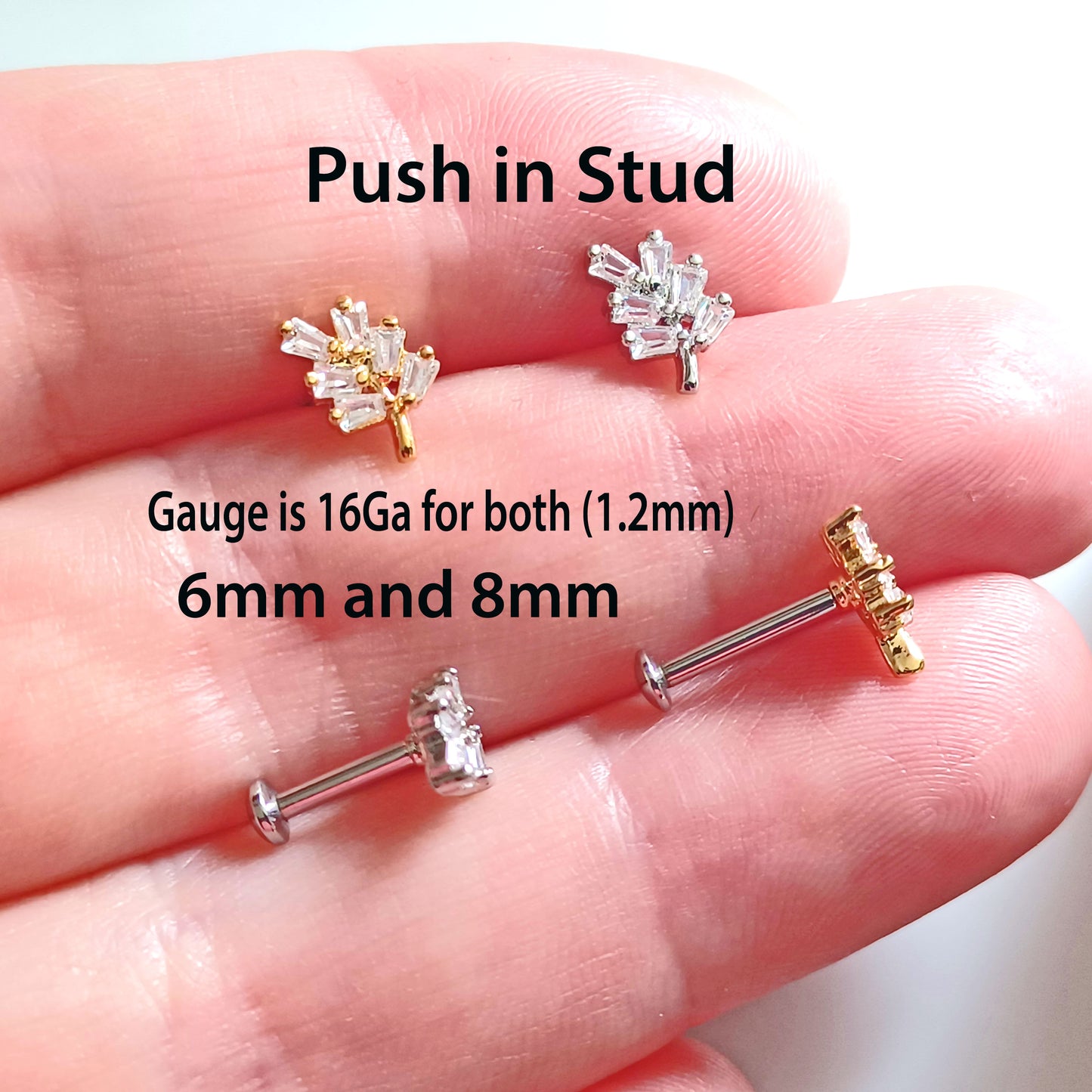 Gold Or Silver Push Leaf flat backed stud Push in