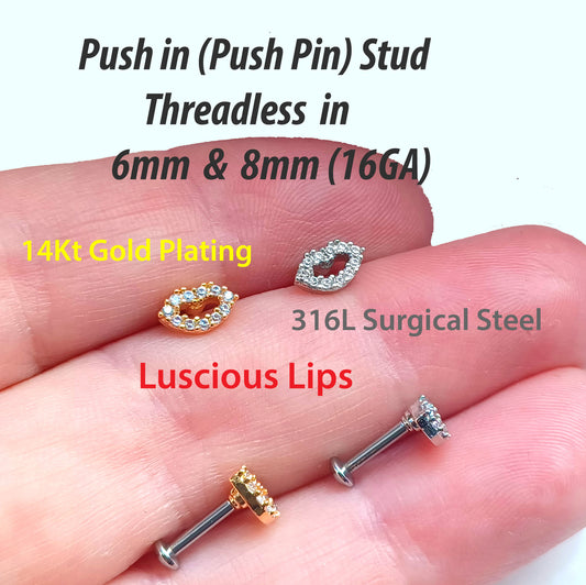 Gold Or Silver Plush Lips flat backed stud Push in, threadless, 5mm, 6mm, 7mm, 8mm, 9mm, 10mm, 11mm, 12mm, 20ga, 18ga, 16ga.