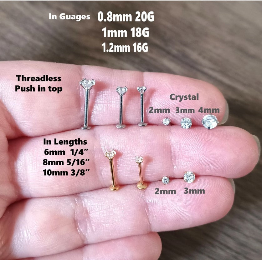 Push in Flat Backed stud with prong setting Round 2mm, 3mm, 4mm, CZ Crystal. Gold PVD, 316L Surgical Steel, 5mm, 6mm, 7mm, 8mm, 9mm, 10mm, 11mm, 12mm