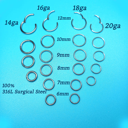 Earring Hoop, Seamless clicker Hoops, Earring, Nipple piercing, Eyebrow, Septum, Lip ring in 6mm - 12mm, 20Ga 18ga 16ga 14ga, Seamless ring 316L Surgical Steel