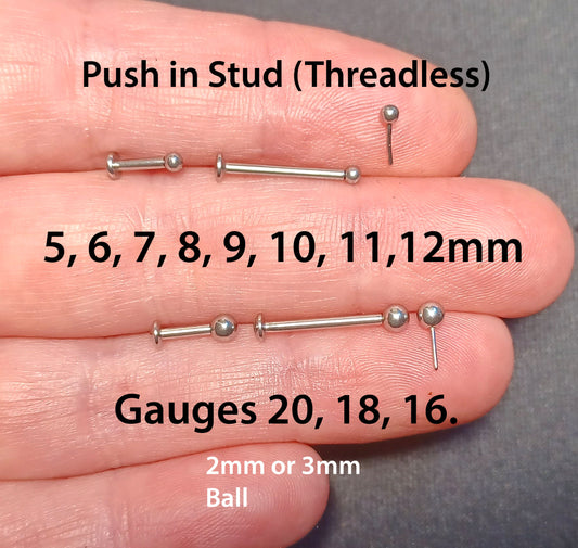 Push in Flat Backed stud with Rose Gold, Gold, Rainbow, 316L Surgical Steel, PVD Plated colour, 5mm, 6mm, 7mm, 8mm, 9mm, 10mm, 11mm, 12mm