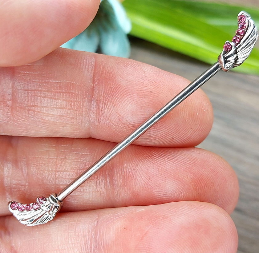 Industrial piercing bar Wings with Pink, Blue or Clear crystals - 14Gauge 38mm