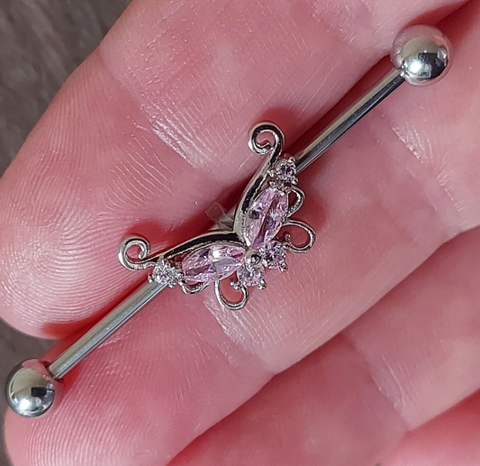 industrial piercing bar with crystal removable butterfly - Pink Crystals