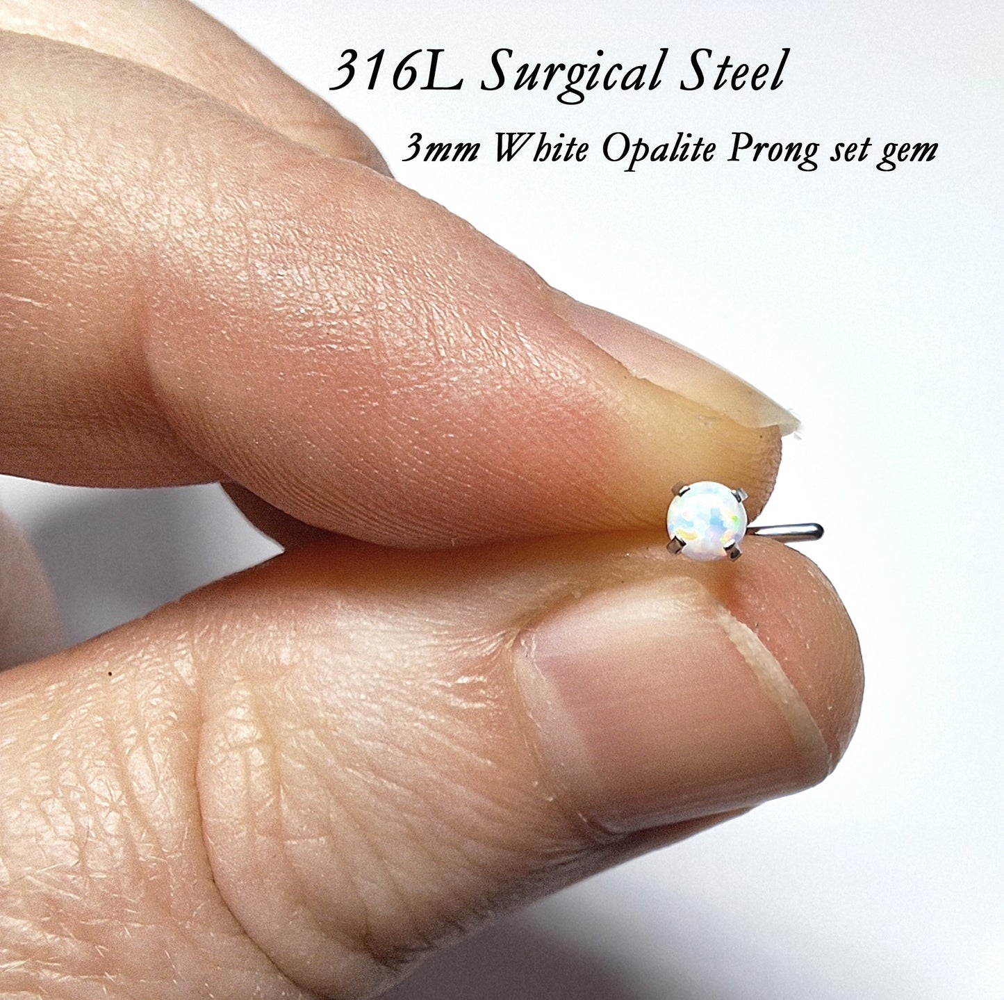 2mm or 3mm Prong set Opal L Shaped Nose Stud 20Ga, White, Pink, Blue, 316L Surgical Steel