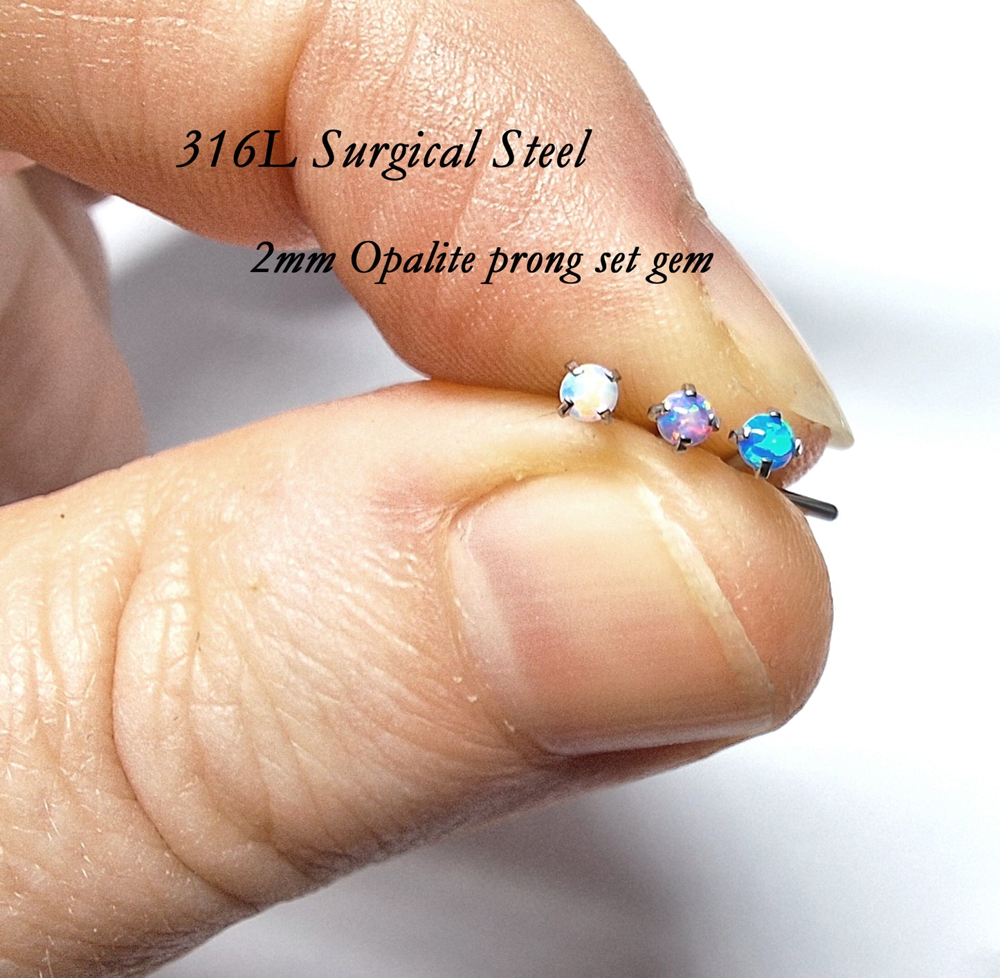 2mm or 3mm Prong set Opal L Shaped Nose Stud 20Ga, White, Pink, Blue, 316L Surgical Steel