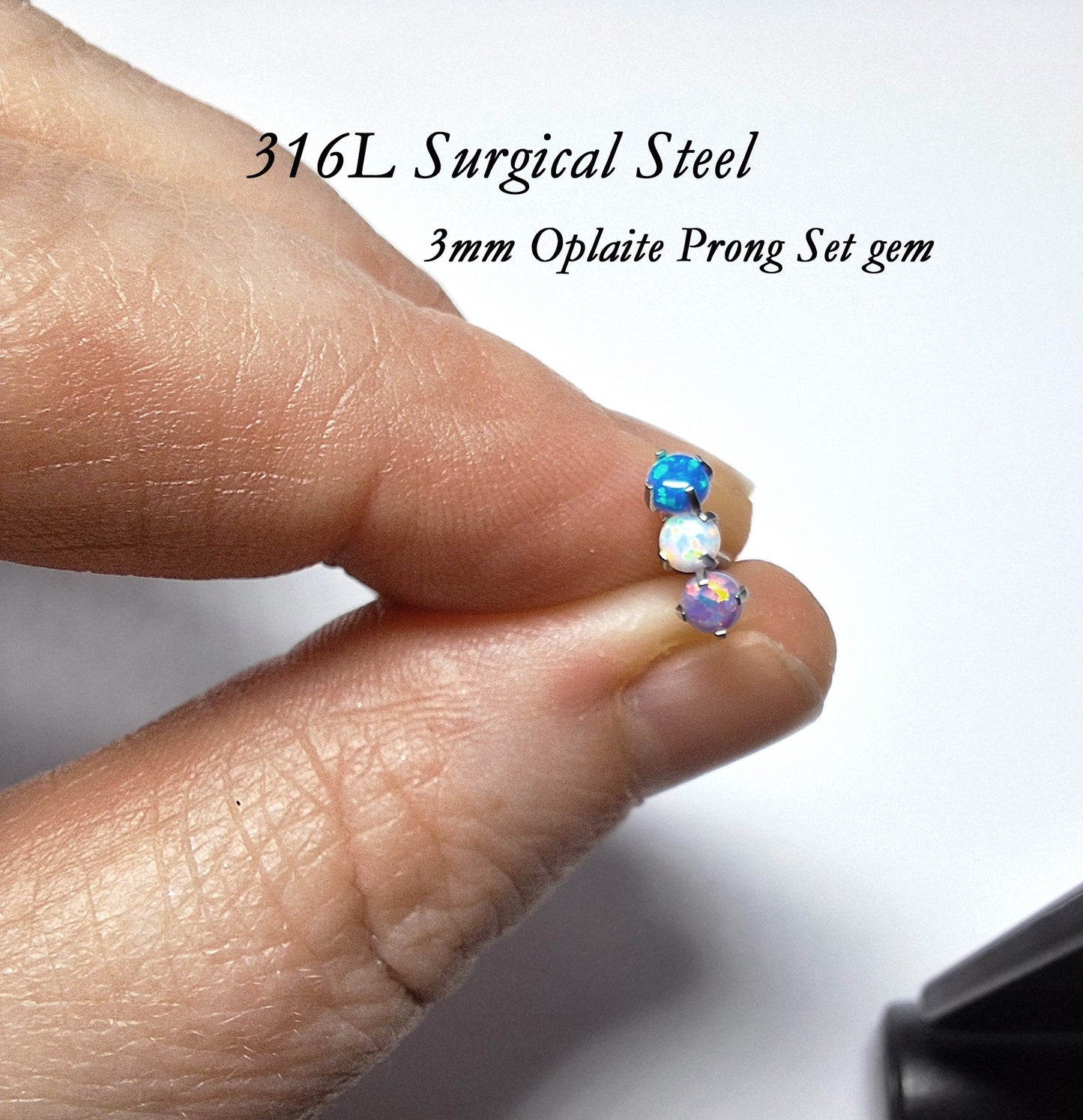 2mm or 3mm Prong set Opal L Shaped Nose Stud 20Ga, White, Pink, Blue, 316L Surgical Steel