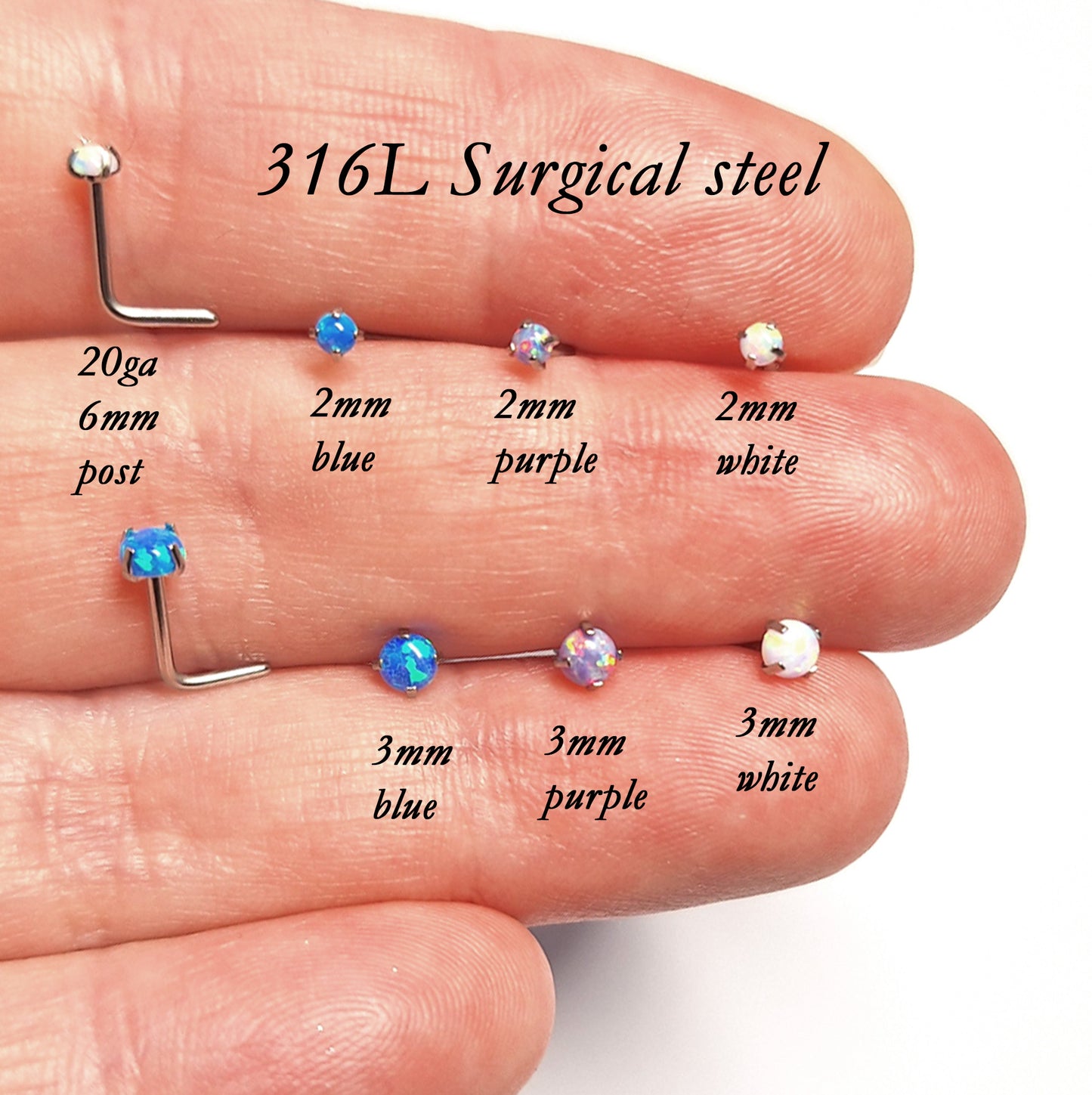 2mm or 3mm Prong set Opal L Shaped Nose Stud 20Ga, White, Pink, Blue, 316L Surgical Steel