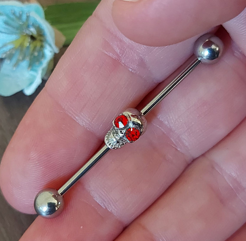 Industrial piercing bar Skull with Red, Black or Clear crystal eyes - 14Gauge 38mm