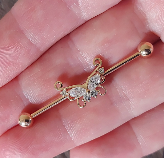 industrial piercing bar with crystal removable butterfly - Rose Gold