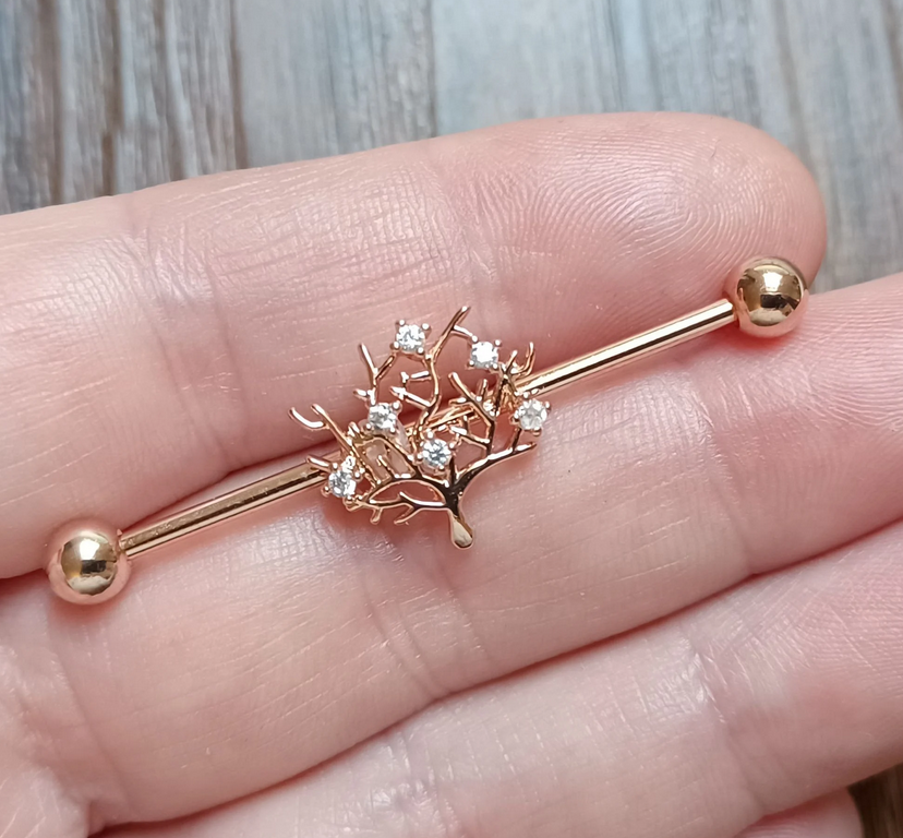 Industrial piercing bar with Tree with small shaped crystals Rose Gold Plating