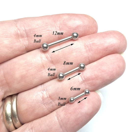 Barbell, (Pack of 2) Nipple, Tongue bar, Eyebrow, Cartilage earring. 14Ga 16Ga 6mm 8mm 10mm 12mm 14mm 16mm 18mm 316L Surgical Steel.