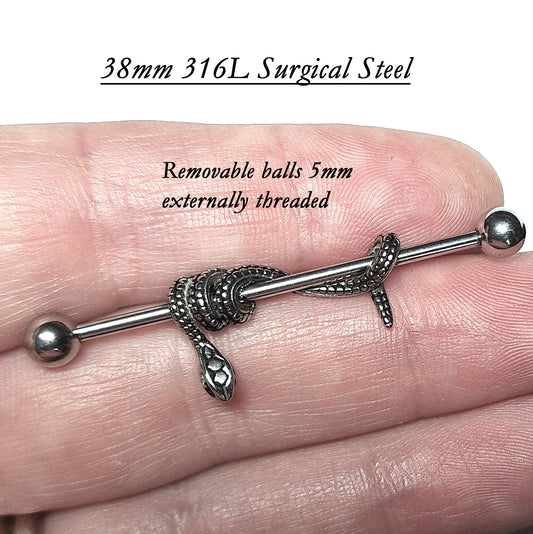 Industrial Piercing - Snake Wrapped 316L Surgical Steel Barbell - 38mm