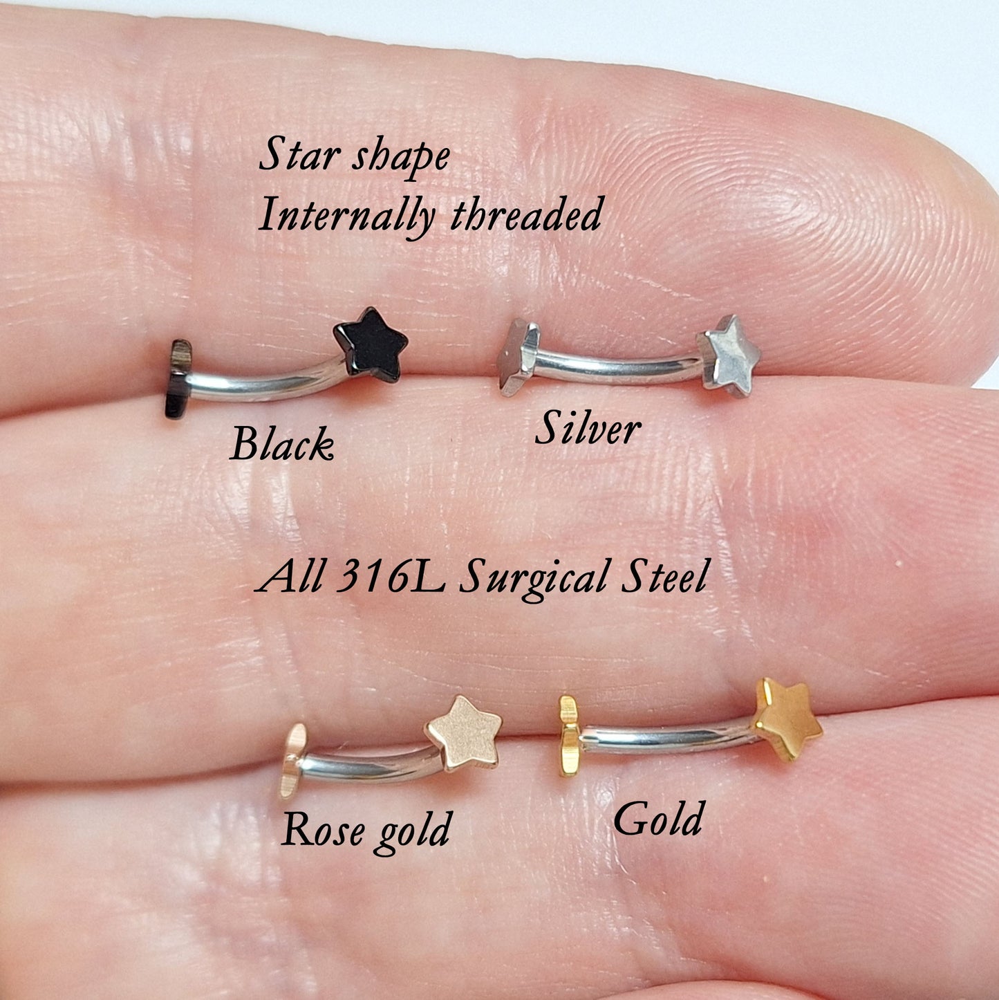 Curved bar with 3mm FLAT STAR, Silver, Rose Gold, Gold, Black Ion plated, 16gauge, 6mm 8mm 10mm 12mm