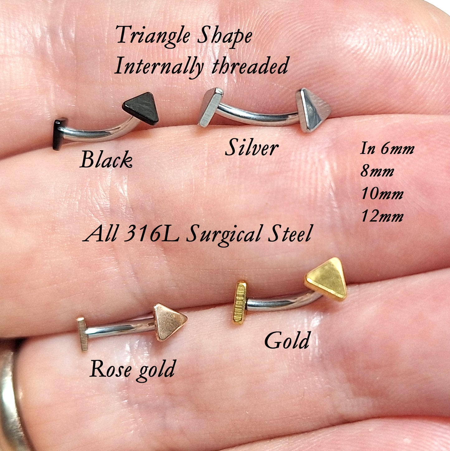 Curved bar with 3mm FLAT Triangle, Silver, Rose Gold, Gold, Black Ion plated, 16gauge, 6mm 8mm 10mm 12mm