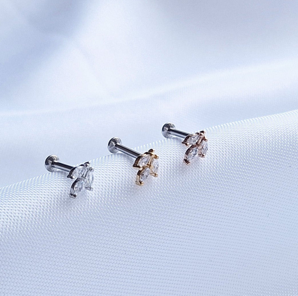 Labret Stud Push in Gold, Rose Gold, Silver PVD Marquise flat backed stud CZ prong set, 20Ga, 18Ga, 16Ga