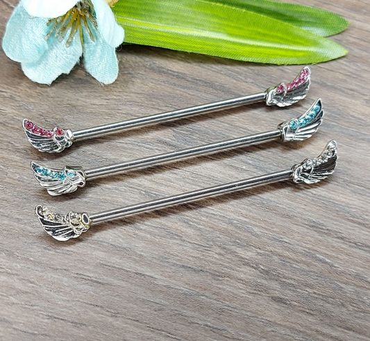 Industrial piercing bar Wings with Pink, Blue or Clear crystals - 14Gauge 38mm